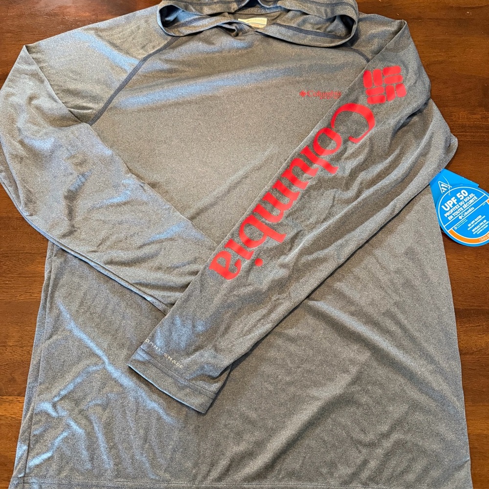 Columbia Men's UPF 50 Blue Fishing Hoodie with Red Logo New